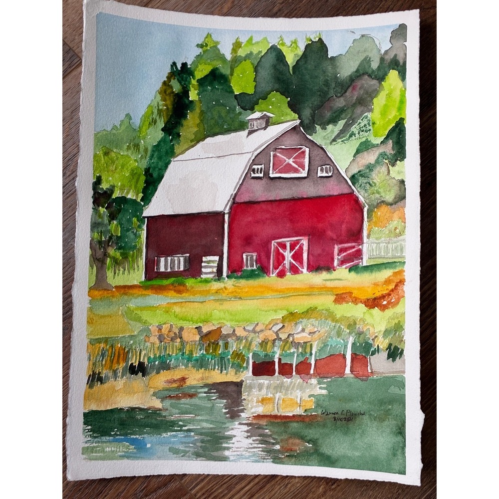 Warren C. Plauché Original Watercolor Painting Classic Red Barn Landscape 2021